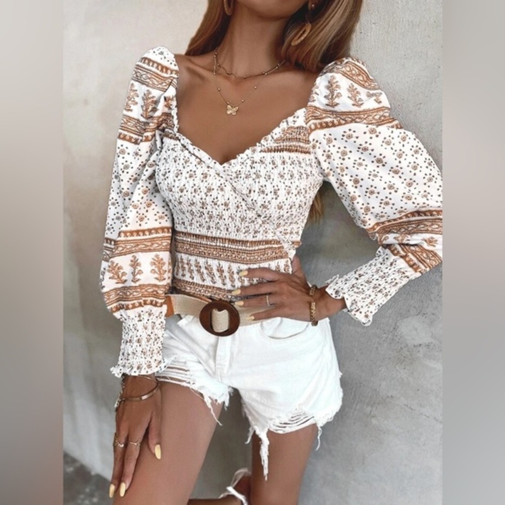 Boho Khaki Floral Puff Long Sleeve Crop Top Size XS